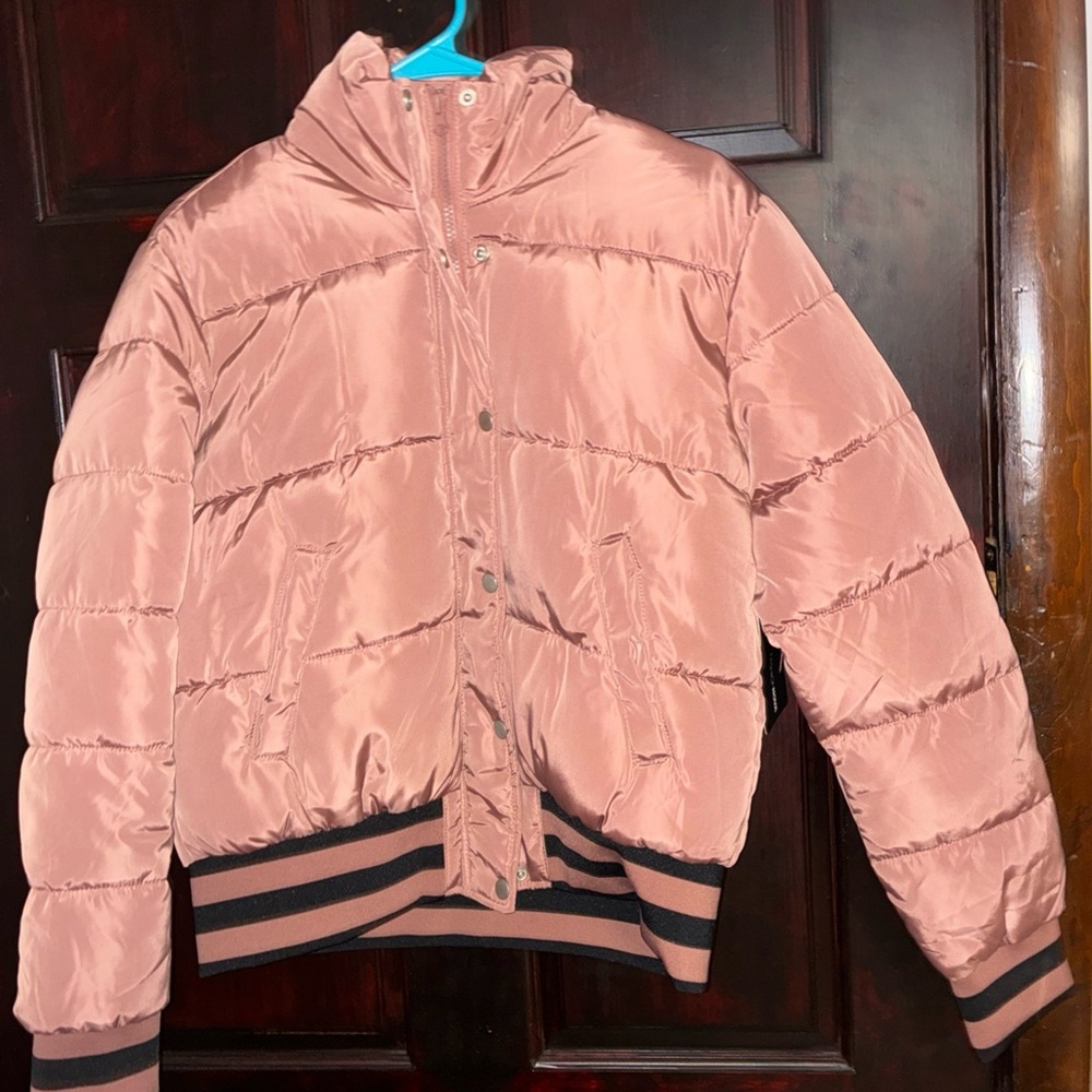 Fashion Nova Blush Puffer Jacket with Striped Hem